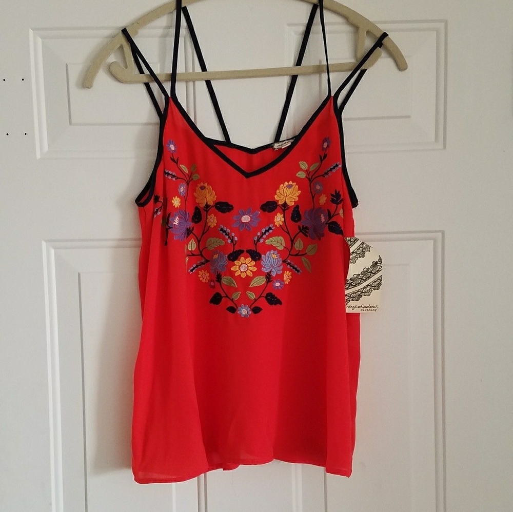 Red Tank w/embroidered Floral Design